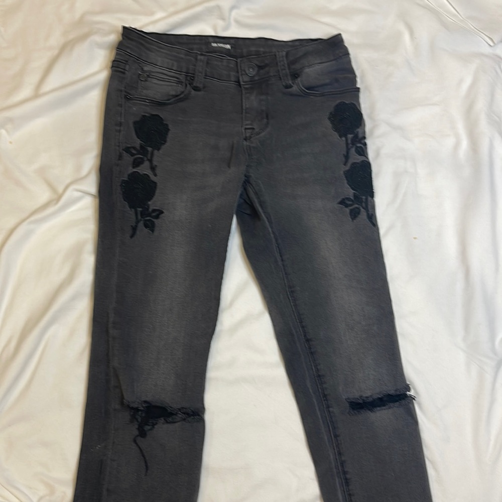 Hudson’s jeans, girls sz12. Faded black, embroidered, distressed, frayed
